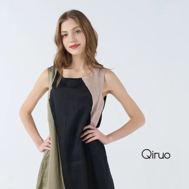 【Qiruo 奇若名品】小U領黑綠卡其三色拼接 不規則時尚黑色無袖洋裝1810F