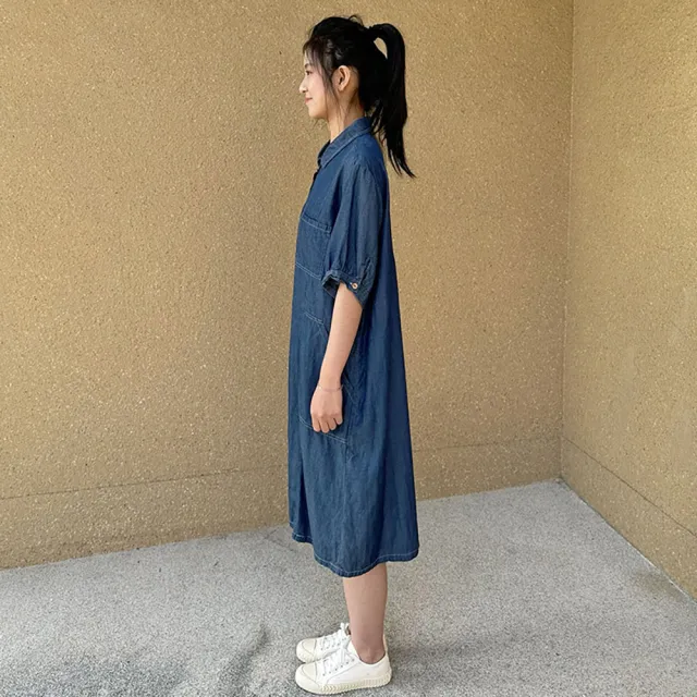 【Hana Mokuba】花木馬日系女裝立領襯衫式縫線口袋牛仔洋裝(洋裝)