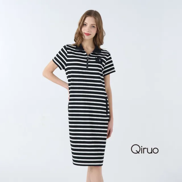 【Qiruo 奇若名品】上等棉質POLO款黑白線條 拉鍊短袖有領雙口袋洋裝1808F