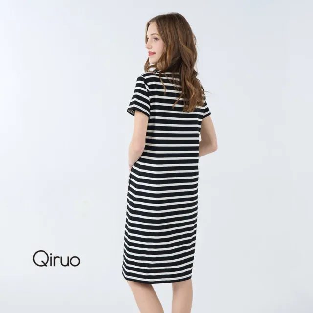 【Qiruo 奇若名品】上等棉質POLO款黑白線條 拉鍊短袖有領雙口袋洋裝1808F