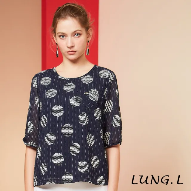 【LUNG.L 林佳樺】LR47A 藍色泡泡布圓型印花五分袖女裝上衣(春夏新品 加大尺碼)