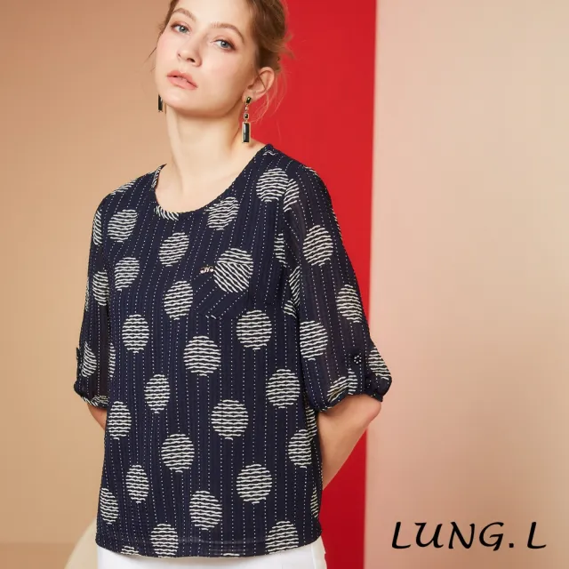 【LUNG.L 林佳樺】LR47A 藍色泡泡布圓型印花五分袖女裝上衣(春夏新品 加大尺碼)