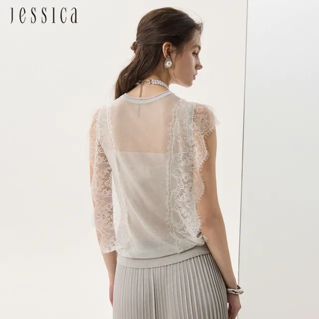 【JESSICA】氣質輕薄針織拼接蕾絲圓領針織背心J53506（白）