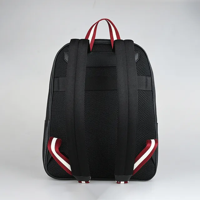 【BALLY】BALLY Code簡約皮標燙印LOGO荔枝紋設計牛皮/帆布拉鍊後背包(黑)