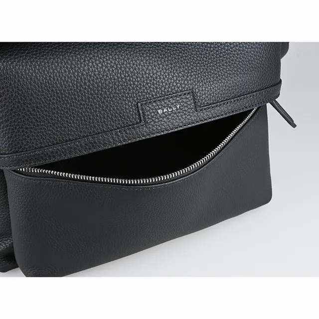 【BALLY】BALLY Code簡約皮標燙印LOGO荔枝紋設計牛皮/帆布拉鍊後背包(黑)