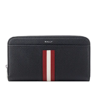 【BALLY】Ribbon 紅白條紋牛皮ㄇ形拉鍊長夾(黑色)