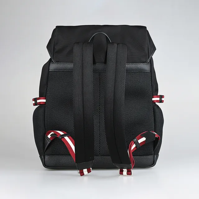 【BALLY】BALLY Code內裡縫線皮標銀字LOGO紅白直條紋織帶設計尼龍邊飾牛皮釦式束口後背包(黑)