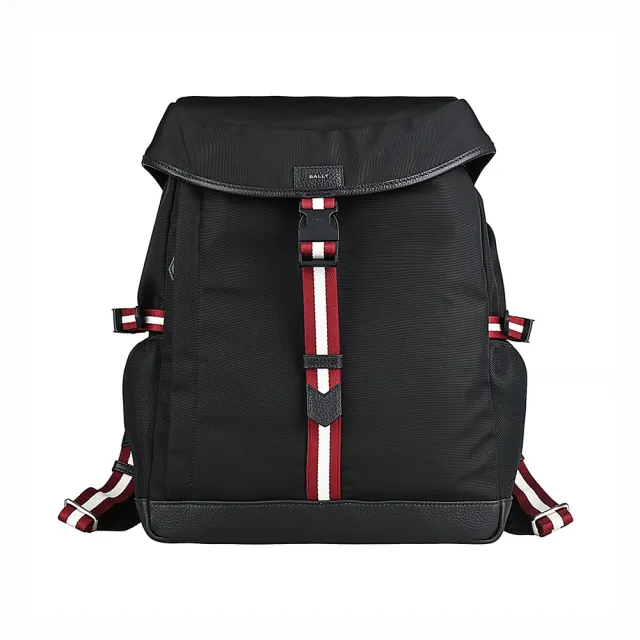 【BALLY】BALLY Code內裡縫線皮標銀字LOGO紅白直條紋織帶設計尼龍邊飾牛皮釦式束口後背包(黑)