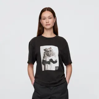【GAP】男女同款 Gap x The Muppets聯名 Logo純棉印花圓領短袖T恤-灰黑色(750248)