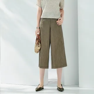 【MYSHEROS 蜜雪兒】麻混紡闊腿七分褲 前釦拉鍊後鬆緊 日系簡約車線(咖啡)