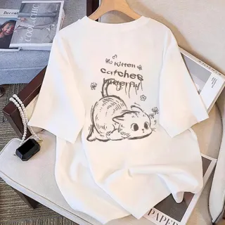 【初色】簡約手繪風文字小動物印花圓領短袖寬鬆中大尺碼T恤上衣女上衣-共2款2色-11572.11573(M-3XL可選)