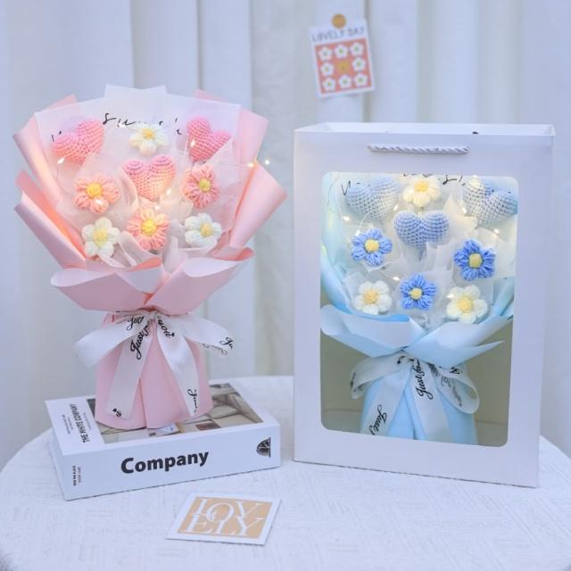 創意手工編織花 心型玫瑰 針織花 成品花束(情人節 母親節 教師節 畢業 生日)