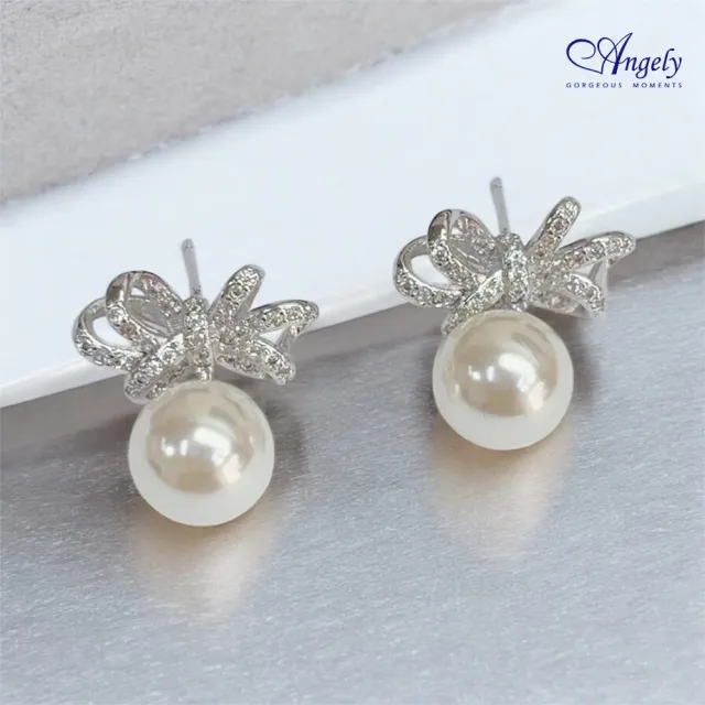 【Angely】俏麗蝴蝶結貝珠耳環