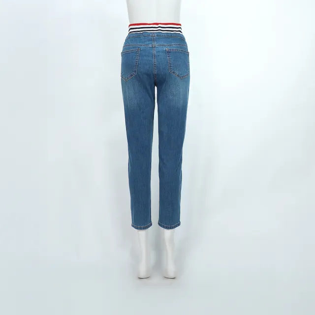 【ILEY 伊蕾】撞色彈力織帶棉質九分牛仔褲(藍；M-2L；1252268605)