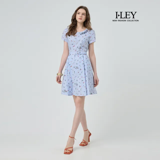 【ILEY 伊蕾】印花條紋收腰純棉洋裝(藍;M-XL;1252027710)