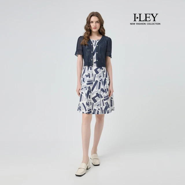 【ILEY 伊蕾】假兩件式收腰縲縈印花洋裝(深藍；M-2L；1252017481)