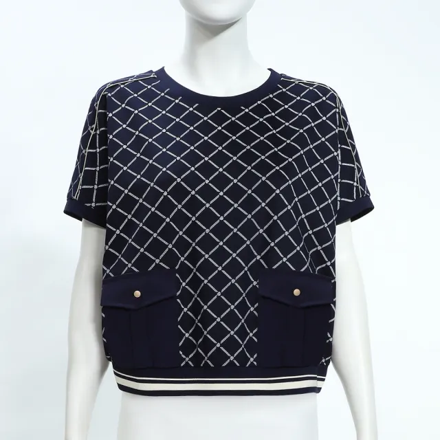 【ILEY 伊蕾】撞色菱格紋縲縈連袖上衣(深藍；M-2L；1252361002)