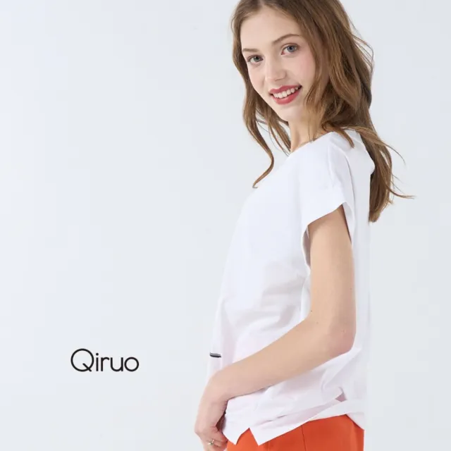 【Qiruo 奇若名品】棉質U領寬短折袖 印花狐狸圖白色上衣7111A