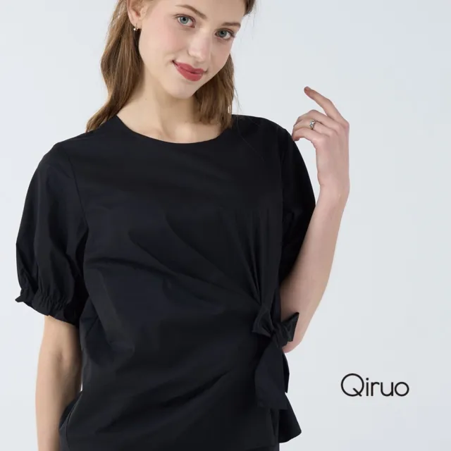 【Qiruo 奇若名品】上等棉 泡泡袖五分袖腰身綁蝴蝶結黑色短袖上衣7041A
