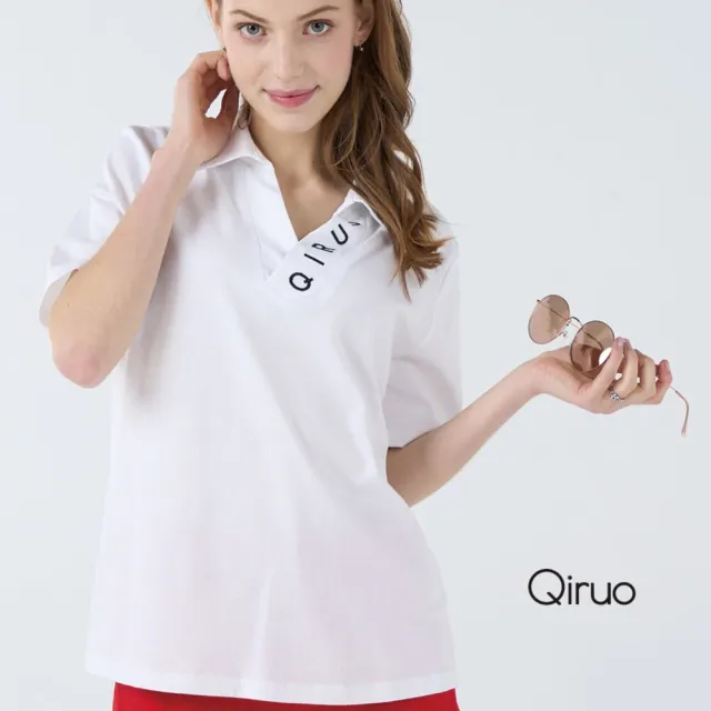 【Qiruo 奇若名品】輕棉質 V領POLO白色短袖上衣 有領滾英文字母7099A