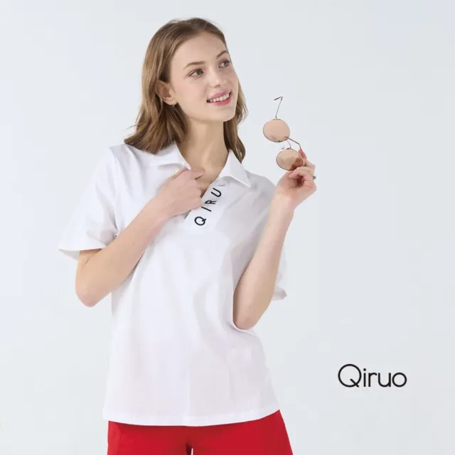 【Qiruo 奇若名品】輕棉質 V領POLO白色短袖上衣 有領滾英文字母7099A