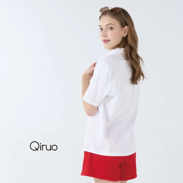 【Qiruo 奇若名品】輕棉質 V領POLO白色短袖上衣 有領滾英文字母7099A