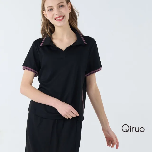 【Qiruo 奇若名品】彈性棉材質 POLO衫 V領黑色短袖上衣 紫色滾邊沒有鈕扣7025A
