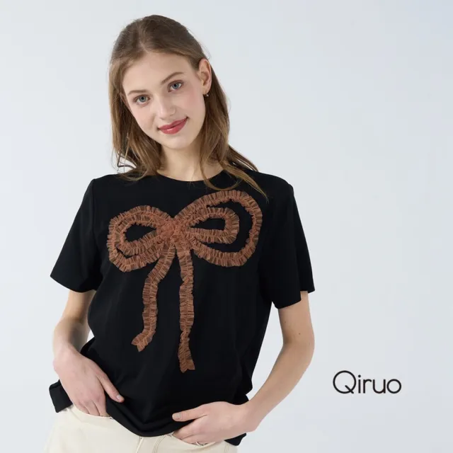 【Qiruo 奇若名品】彈性棉質胸前咖啡蕾絲蝴蝶結黑色 短袖上衣7078A