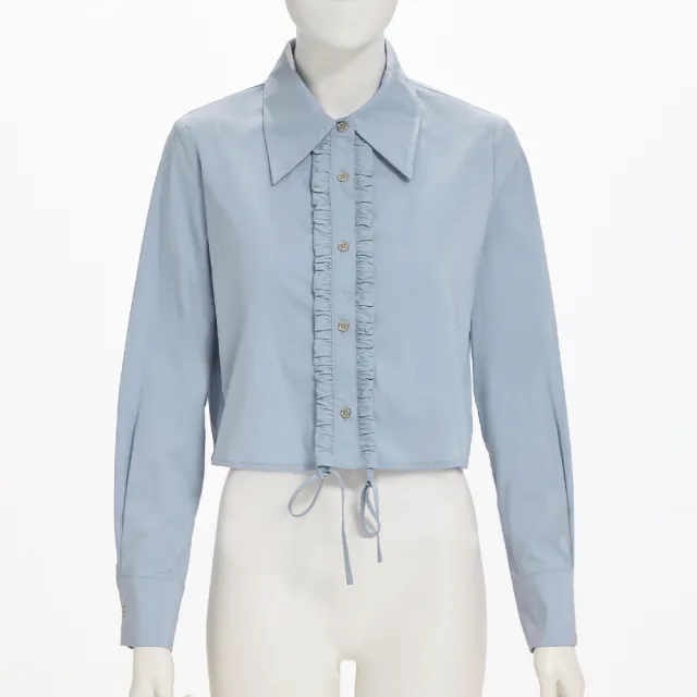 【OUWEY 歐薇】前襟小荷葉抽帶長袖襯衫(藍；S-L；3251321505)