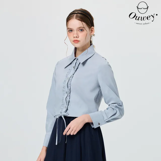 【OUWEY 歐薇】前襟小荷葉抽帶長袖襯衫(藍;S-L;3251321505)