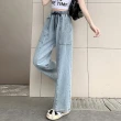 【MsMore】闊腿口袋黃金線牛仔褲高腰顯瘦小個子窄版直筒長褲#124194(5款任選)