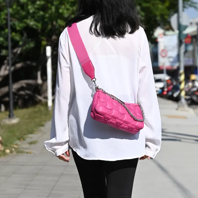 【GUCCI 古馳】經典雙G緹花尼龍雙背帶手提包肩背包斜背包(桃)