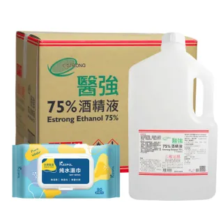 【醫強】75%酒精液 6桶組+醫強柔濕巾 1包(4000ml/桶+60抽/包)