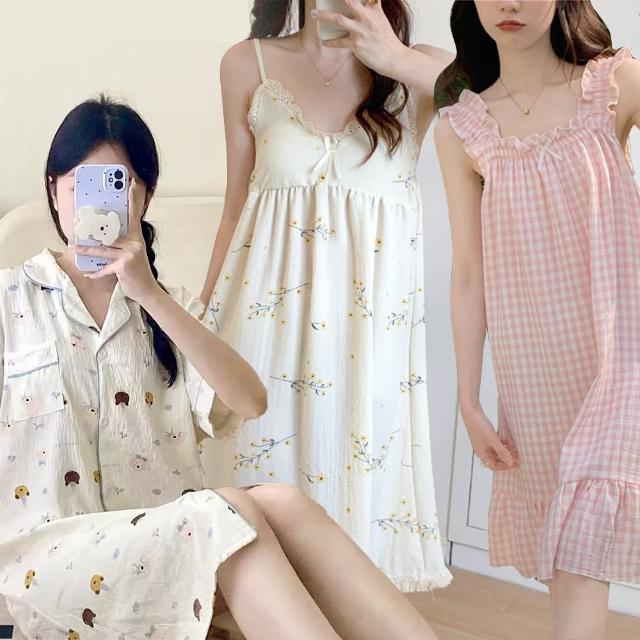 【Chic Chic 琪琪】1套組-多款任選-輕柔泡泡棉舒適睡裙(帶胸墊/居家服/睡衣/無袖/棉質舒柔/連身睡衣)
