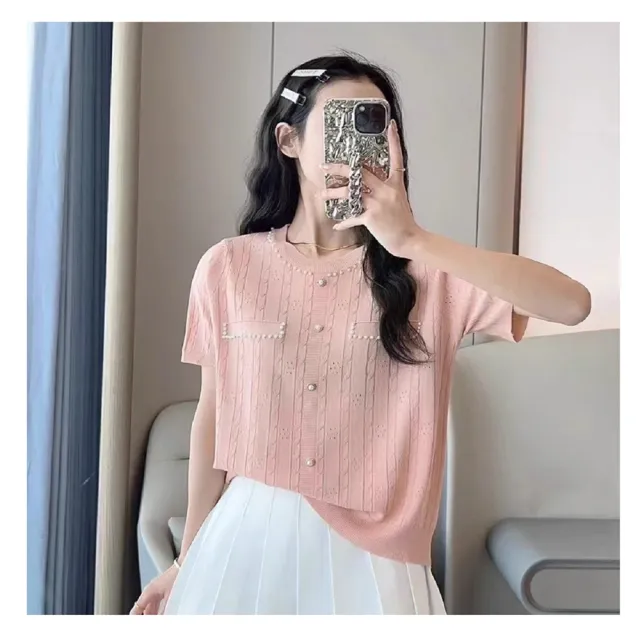 【R.NETS】雅芮絲 優雅小香風珍珠釦冰絲針織衣