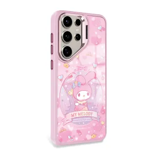 【apbs】三麗鷗 Samsung S25/S24/S23系列 軍規防摔合金框隱形立架手機殼(晚宴美樂蒂-粉框)