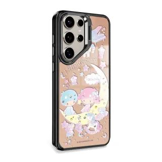 【apbs】三麗鷗 Samsung S25/S24/S23系列 軍規防摔合金框隱形立架鏡面彩鑽手機殼(星月雙子星-黑框)