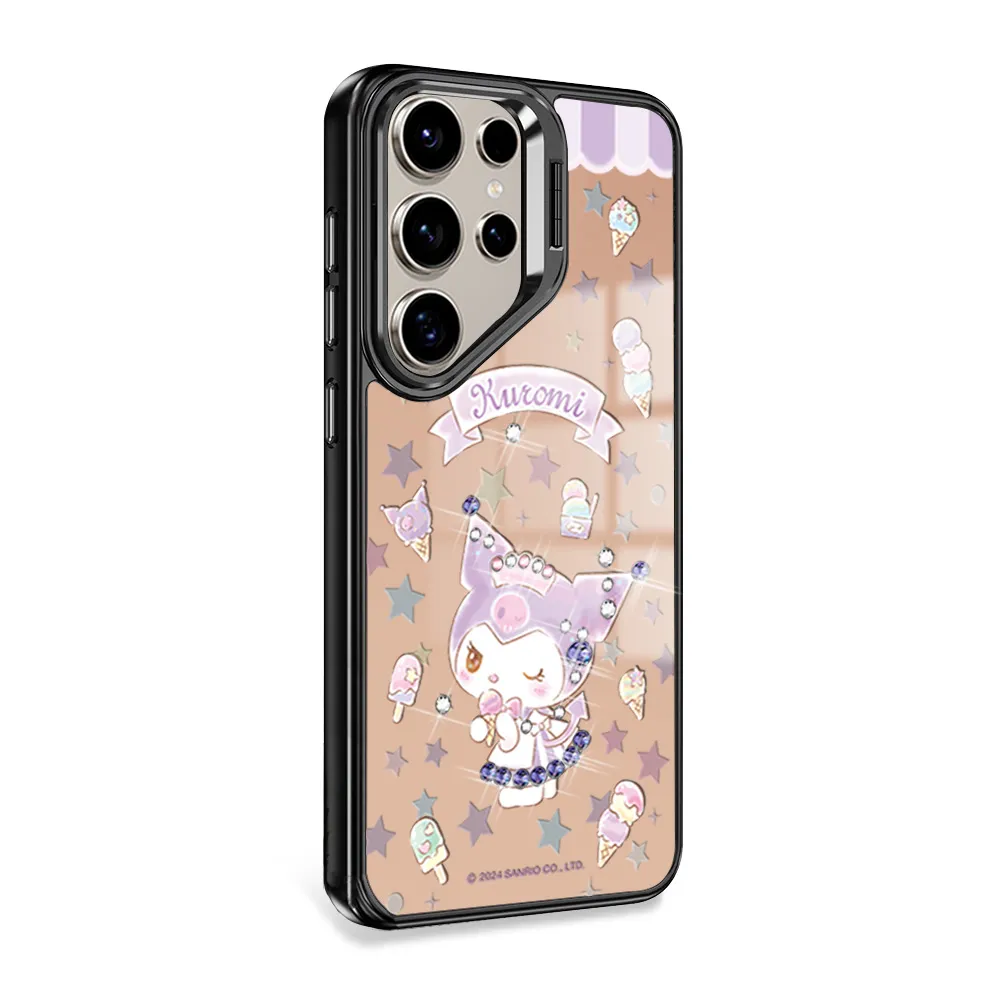 【apbs】三麗鷗 Samsung S25/S24/S23系列 軍規防摔合金框隱形立架鏡面彩鑽手機殼(庫洛米霜淇淋-黑框)