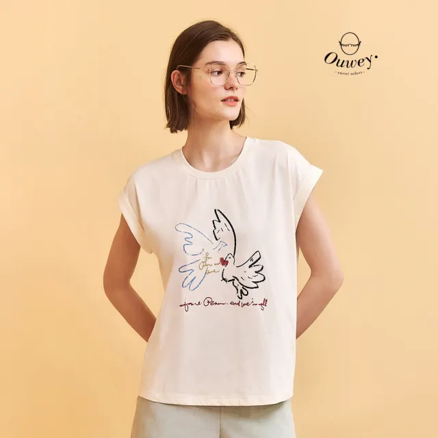 【OUWEY 歐薇】愛心和平鴿刺繡印花連肩反摺袖T(杏；S-L；3252121207)