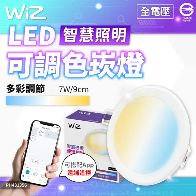 【Philips 飛利浦】2入組 Wi-Fi WIZ 7W 全電壓 APP 手機控制 智慧照明 可調色調光 9公分 崁燈(PW021)