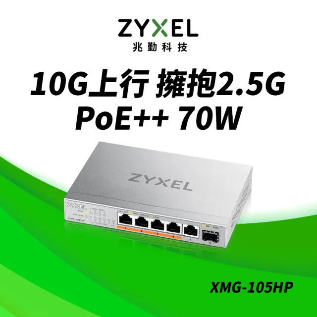 【ZyXEL 合勤】XMG-105HP 6埠 Multi-Gig 無網管PoE供電交換器 10G上行介面 5埠2.5G