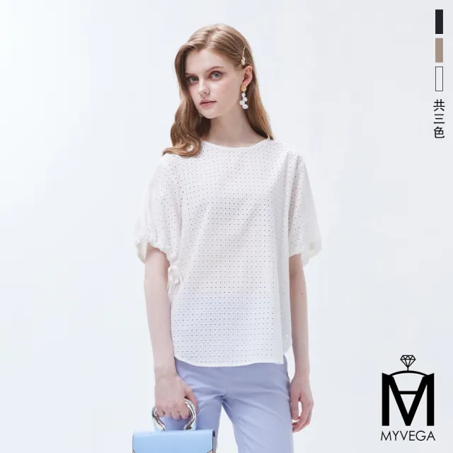 【MYVEGA 麥雪爾】MA純棉刺繡鏤空蕾絲上衣-共三色(女上衣/涼感/短袖/蕾絲上衣)