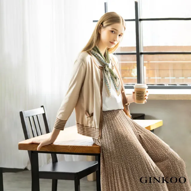 【GINKOO 俊克】珍珠釦條紋針織薄外套