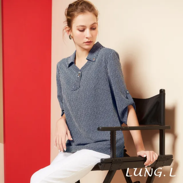 【LUNG.L 林佳樺】LS81A 藍色直條細紋假領結長版七分袖女裝上衣(春夏新品 加大尺碼)