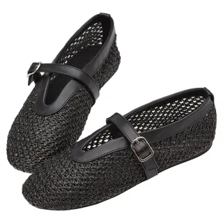 【Grace Gift】法式時髦簍空編織瑪莉珍平底鞋(黑)