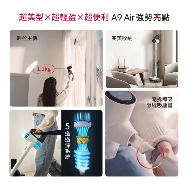 【LG 樂金】CordZero™A9 Air濕拖無線吸塵器/乾吸濕拖x超輕盈x超美型xmomo獨家(A7-LITEMOP 雲朵白)