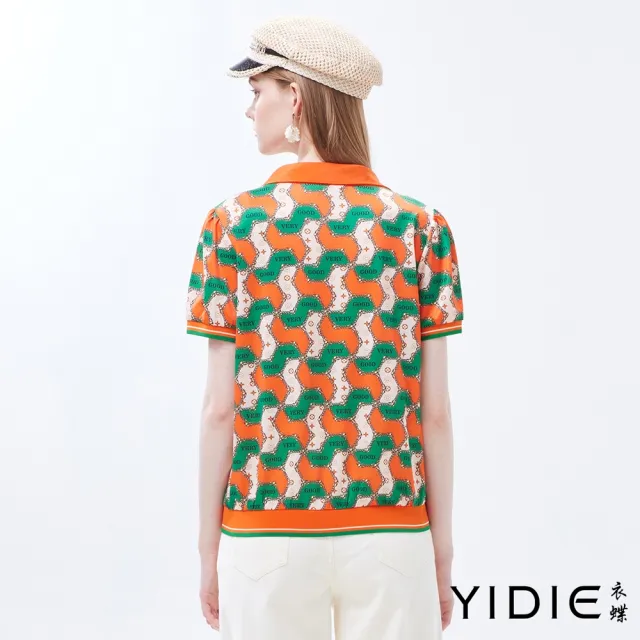 【YIDIE 衣蝶】撞色幾何圖案亮鑽造型上衣-柑