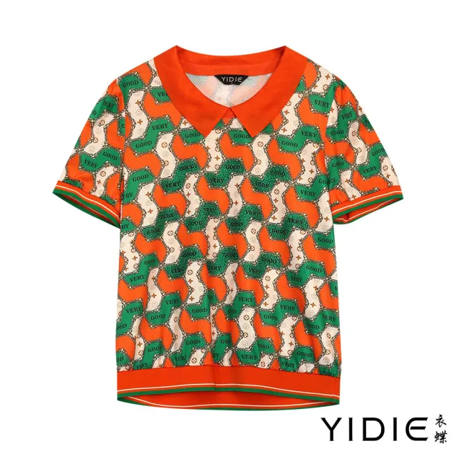 【YIDIE 衣蝶】撞色幾何圖案亮鑽造型上衣-柑