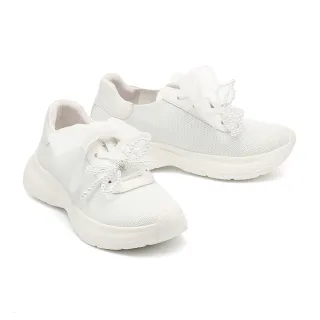 【MELROSE】美樂斯 奢華婚紗珍珠蝴蝶結牛皮拼接飛織布厚底休閒鞋(白)