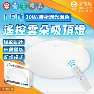 【DanceLight 舞光】1入組 LED 30W 雲朵 遙控吸頂燈 四段壁切 無極調光調色 全電壓(D-CEN30DM)